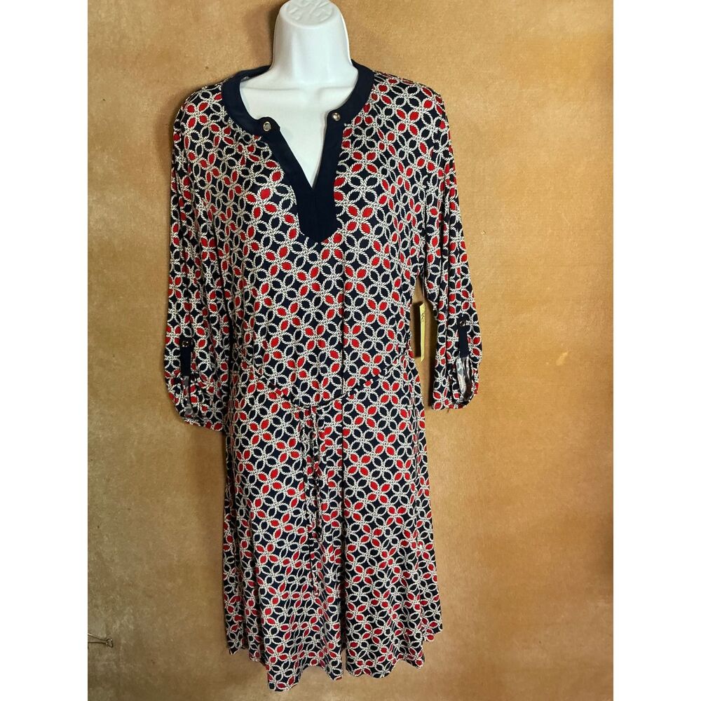 Per‎ Sption Concept Navy Red White Geometric Print V Neck Midi Dress Women L - Picture 2 of 10
